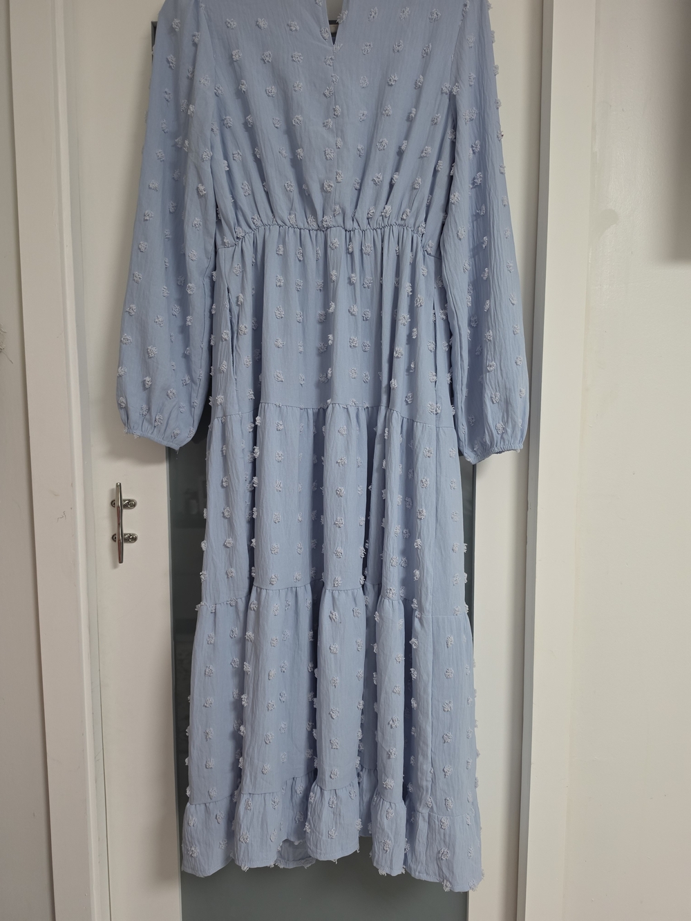 Light Blue Swiss Dot Tiered Long Sleeve Midi Dress - Picture 6 of 11